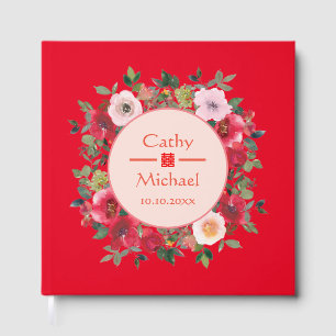 Red floral wreath Chinese wedding tea ceremony Guest Book