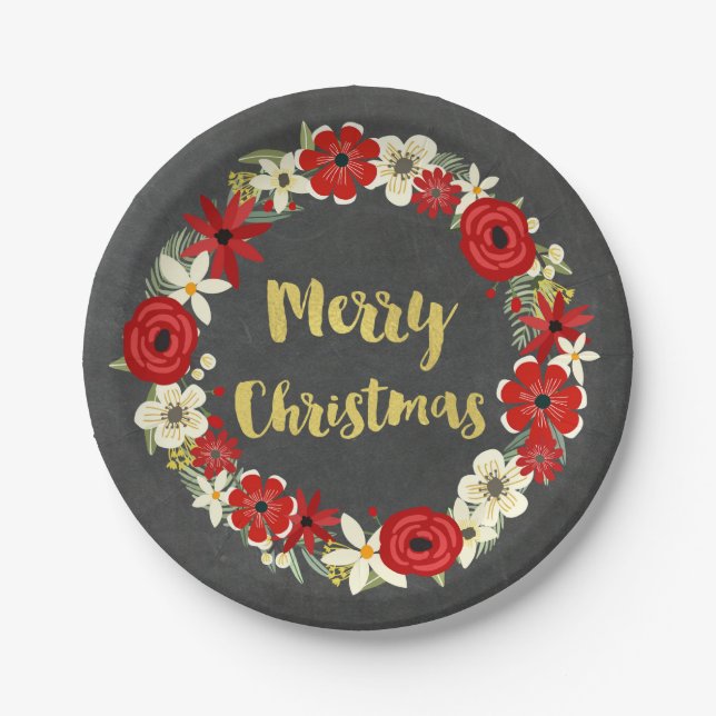 Red Floral Wreath Gold Chalkboard Christmas Plates (Front)