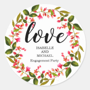 Red Floral Wreath Personalized Engagement Party Classic Round Sticker
