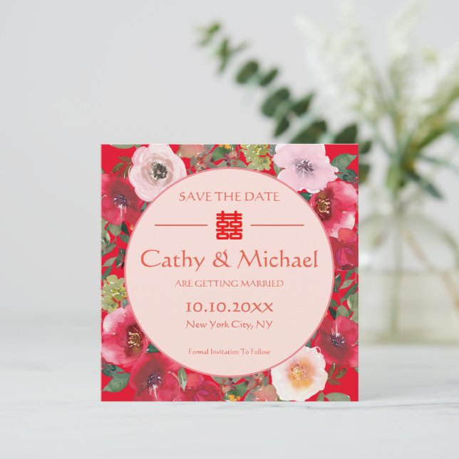 Red floral wreath red flowers Chinese wedding Save The Date (Standing Front)
