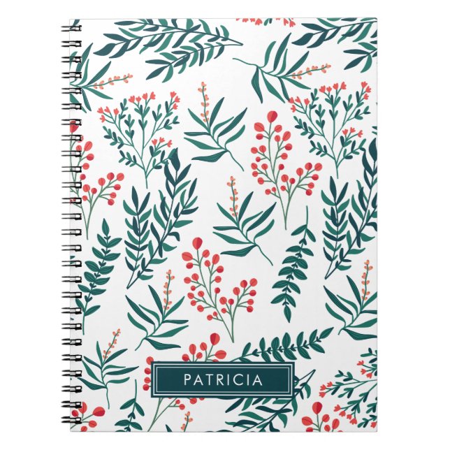 Red Florals and Green Leaves Personalized Notebook (Front)