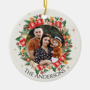 Red Florals Family Photo Merry Christmas Ceramic Ornament