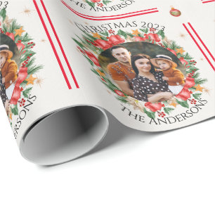 Red Florals Family Photo Merry Christmas Wrapping Paper