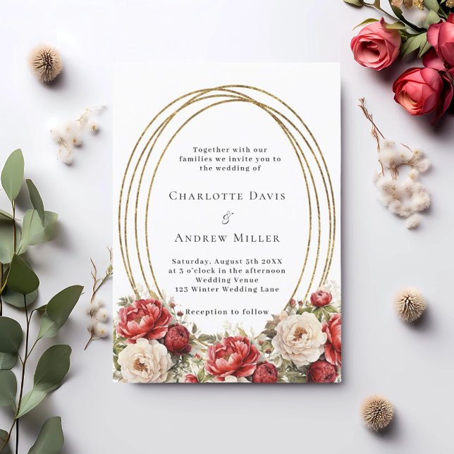 Red florals gold frame wedding invitation (Creator Uploaded)
