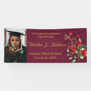Red Florals Photo Burgundy and Gold Graduation Banner