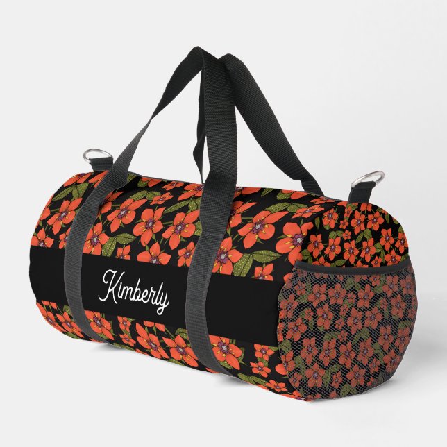 Red Florals Watercolor Monogram Duffle Bag (Right Corner)