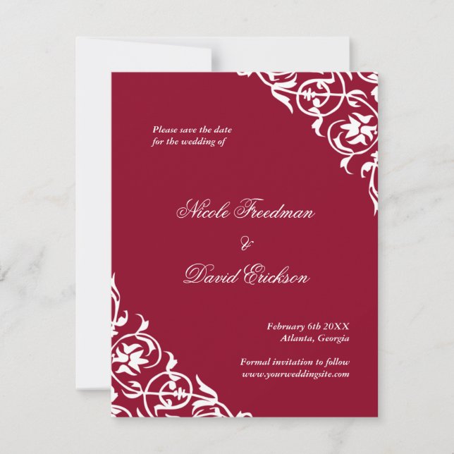 Red flourish classy scroll wedding save the date (Front)