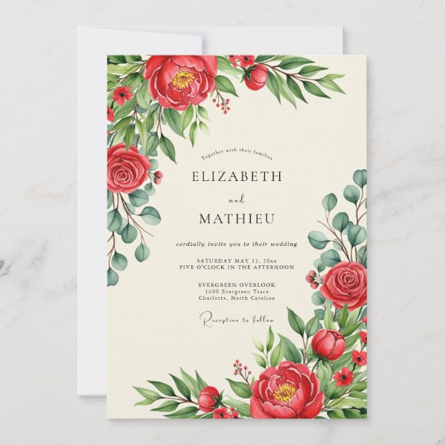Red Flourishing Spring Wedding Invitation (Front)
