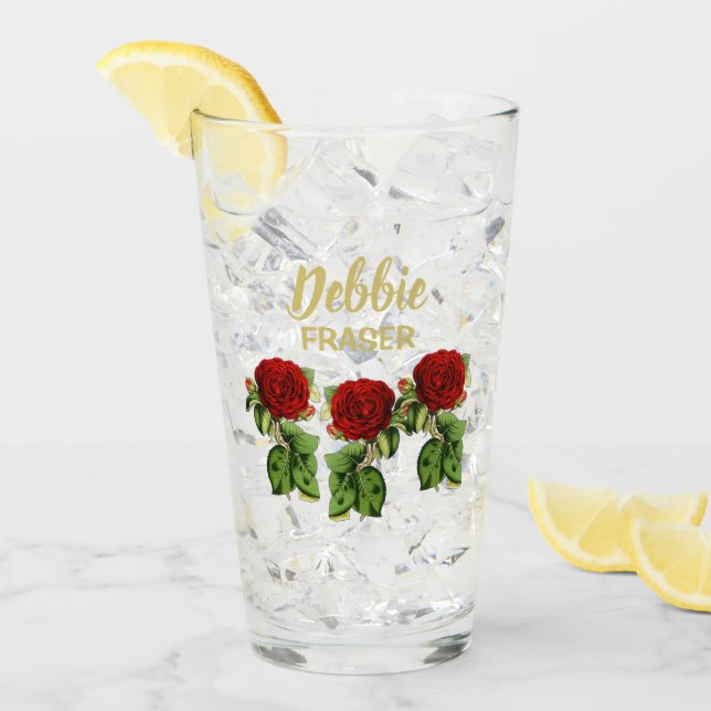 Red flower and green leaves custom name glass (Front Ice)