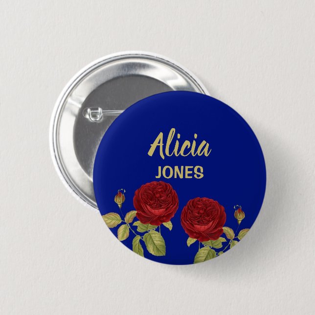 Red flower and leaves blue 2 inch round button (Front & Back)
