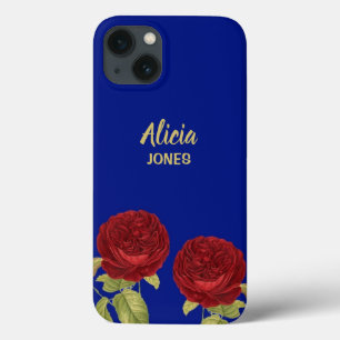 Red flower and leaves blue iPhone 13 case
