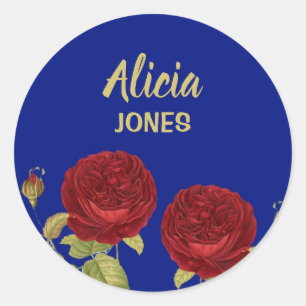 Red flower and leaves blue classic round sticker