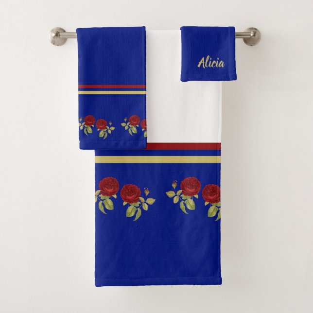 Red flower and leaves blue monogram bath towel set (Insitu)