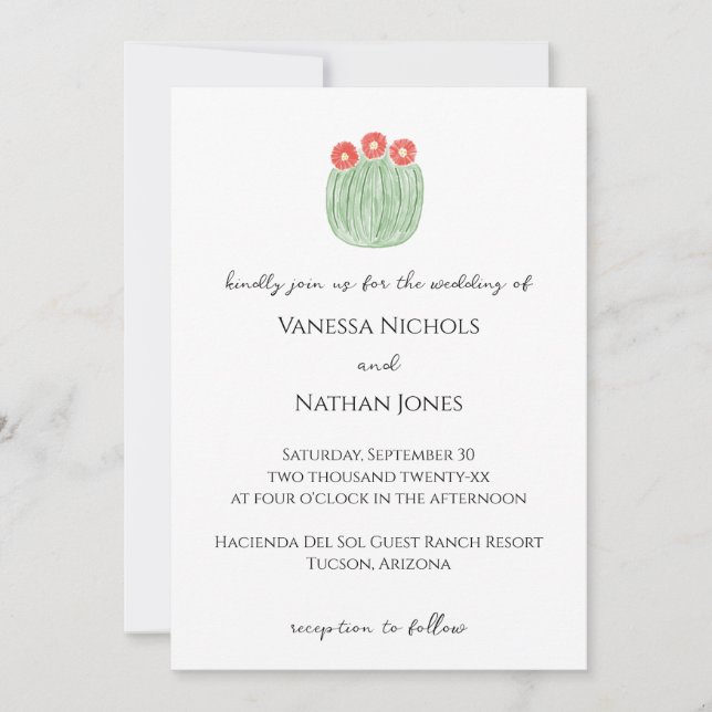 Red Flower Barrel Cactus Desert Wedding Invitation (Front)