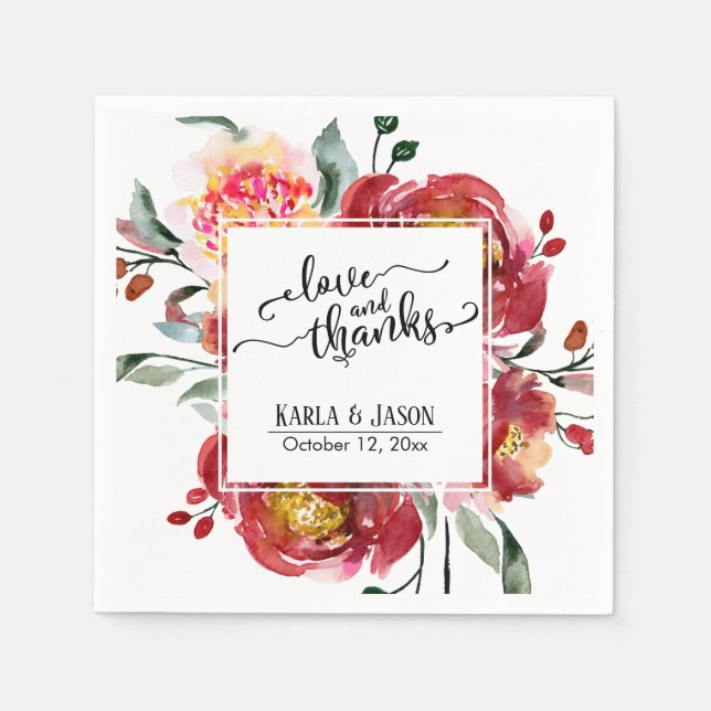 Red Flower Bouquet, Love and Thanks Typography Napkin (Front)