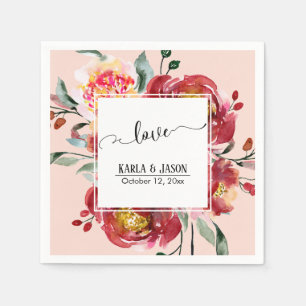 Red Flower Bouquet Love Typography over Blush Napkin