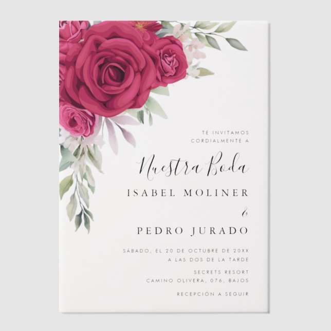 Red Flower Bouquet Nuestra Boda Spanish Wedding Vellum Invitations (Front)