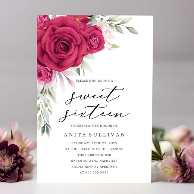 Red Flower Bouquet Sweet Sixteen 16 Birthday Invitation (Creator Uploaded)