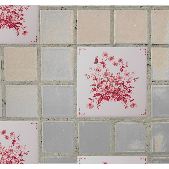 Red Flower Bush Toile Inspired Decorative Tile (Creator Uploaded)