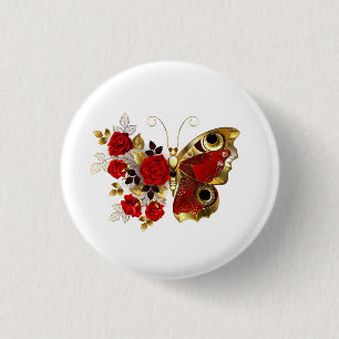 Red flower butterfly with red roses 1 inch round button