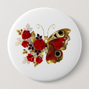 Red flower butterfly with red roses 4 inch round button