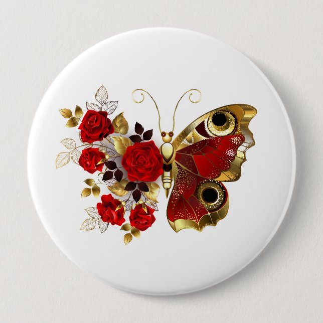 Red flower butterfly with red roses 4 inch round button (Front)