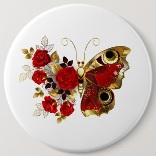 Red flower butterfly with red roses 6 inch round button