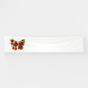 Red flower butterfly with red roses banner