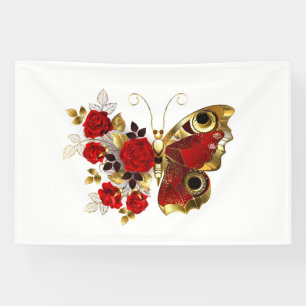 Red flower butterfly with red roses banner