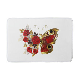 Red flower butterfly with red roses bath mat