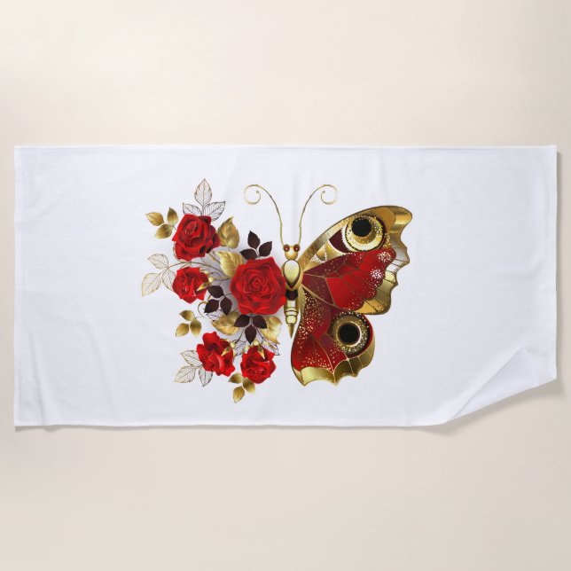 Red flower butterfly with red roses beach towel (Front)