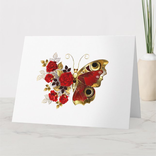 Red flower butterfly with red roses card (Front)