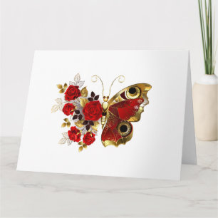 Red flower butterfly with red roses card