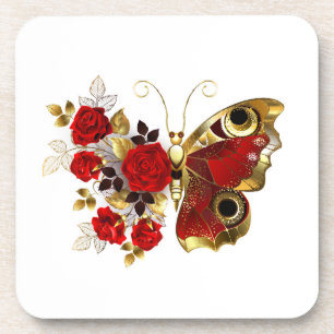 Red flower butterfly with red roses coaster