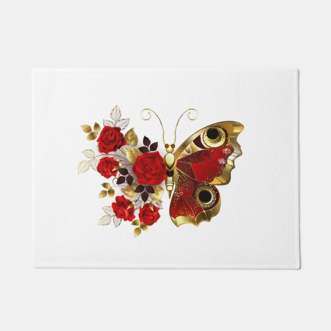 Red flower butterfly with red roses doormat (Front)