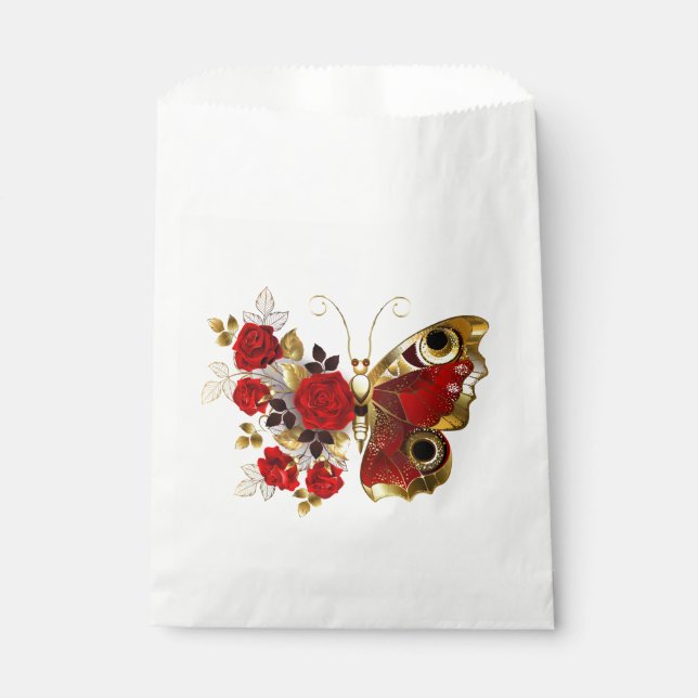 Red flower butterfly with red roses favour bag (Front)