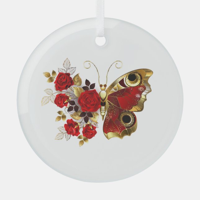 Red flower butterfly with red roses glass ornament (Front)