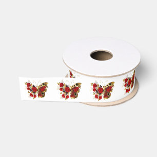 Red flower butterfly with red roses grosgrain ribbon
