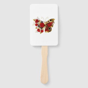 Red flower butterfly with red roses hand fan