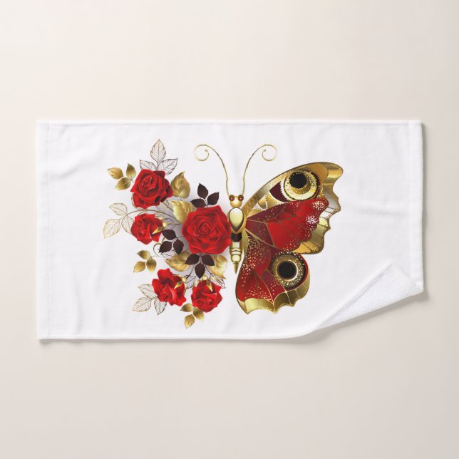 Red flower butterfly with red roses hand towel (Hand Towel)
