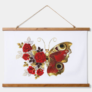 Red flower butterfly with red roses hanging tapestry