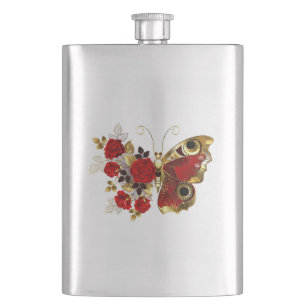 Red flower butterfly with red roses hip flask