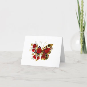 Red flower butterfly with red roses holiday card