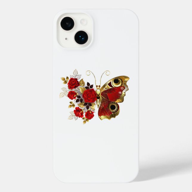Red flower butterfly with red roses iPhone case (Back)