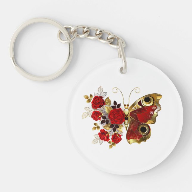 Red flower butterfly with red roses keychain (Front)