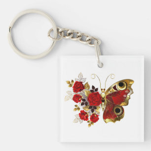 Red flower butterfly with red roses keychain