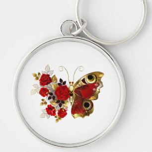 Red flower butterfly with red roses keychain