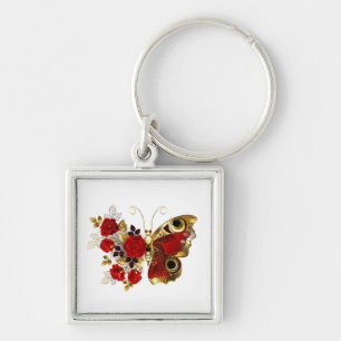 Red flower butterfly with red roses keychain