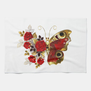 Red flower butterfly with red roses kitchen towel