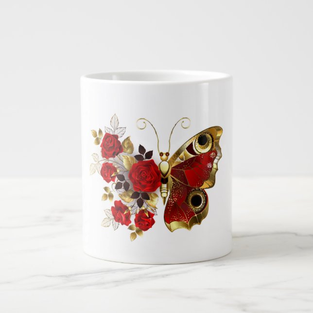 Red flower butterfly with red roses large coffee mug (Front)